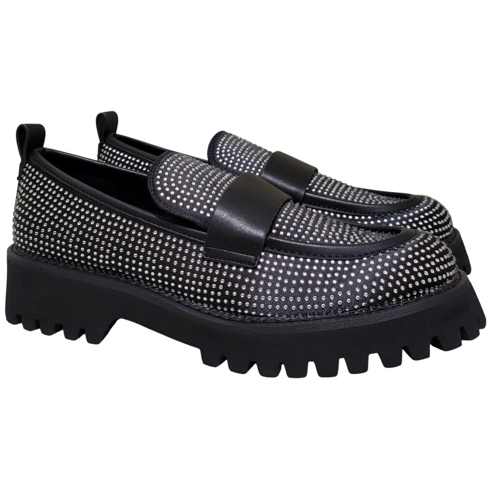 Karl Lagerfeld Women Grady Slip On Lug Sole Loafers Size US 9M Black/Rhinestones